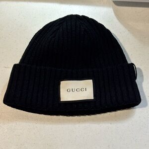 Gucci Dark Knit Hat with Logo Patch